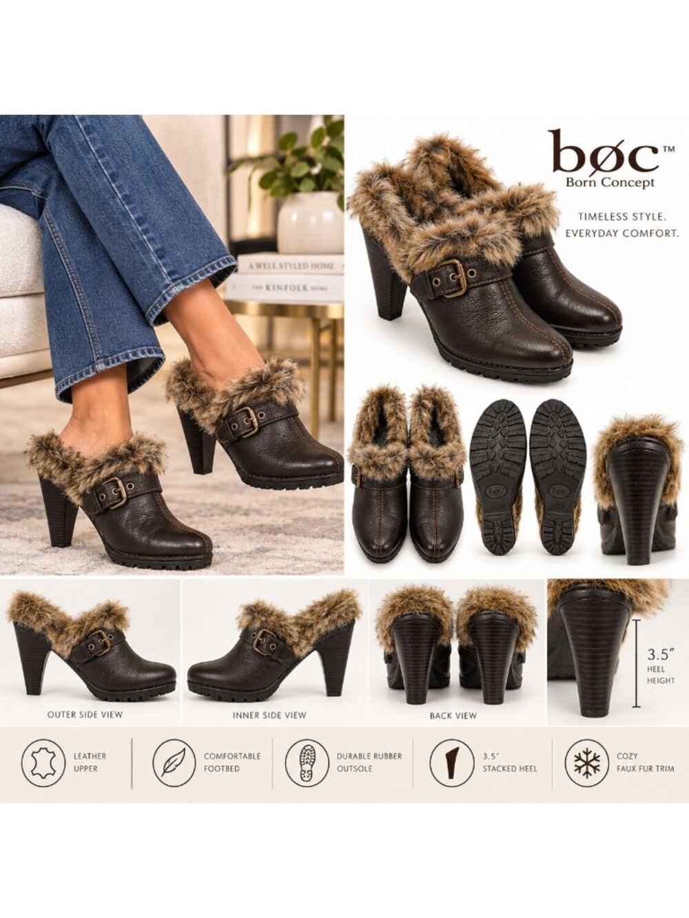 b.o.c. Born Concept Brown Leather Faux Fur Trim Buckle Ankle Mule Bootie Sz 10